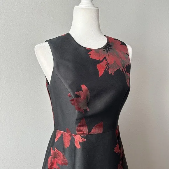 Calvin Klein Black Red Metallic Jacquard Sleeveless Fit Flare Dress Size 2
